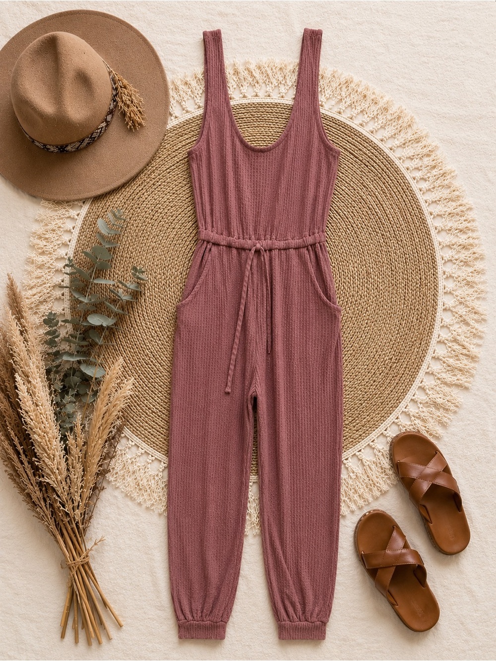 Women's Mauve Sleeveless Waffle-Knit Jumpsuit